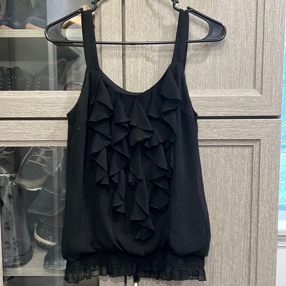 White House Black Market, lined, sleeveless, ruffle front blouse